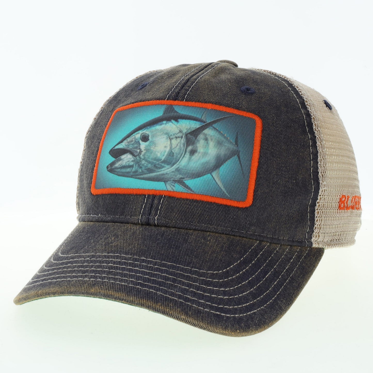 Trucker hat with a Bluefin Tuna fish illustration on the front panel