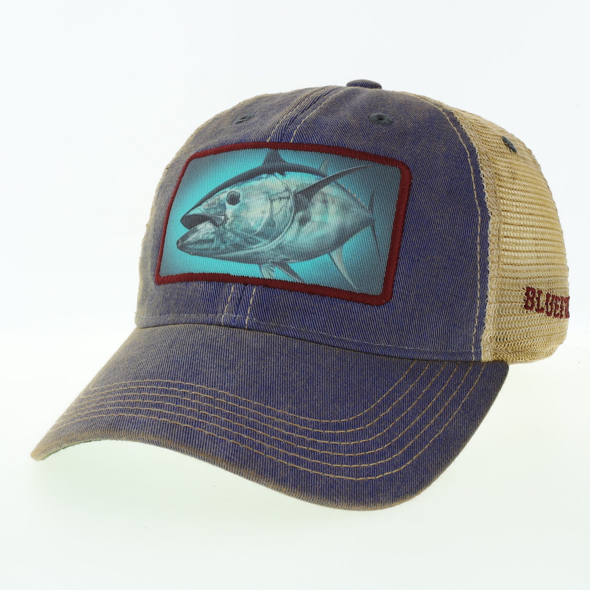 Trucker hat with a Bluefin Tuna fish illustration on the front panel