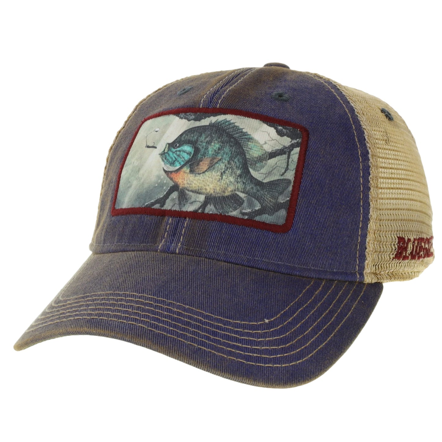 Trucker hat with a Bluegill fish illustration on the front panel