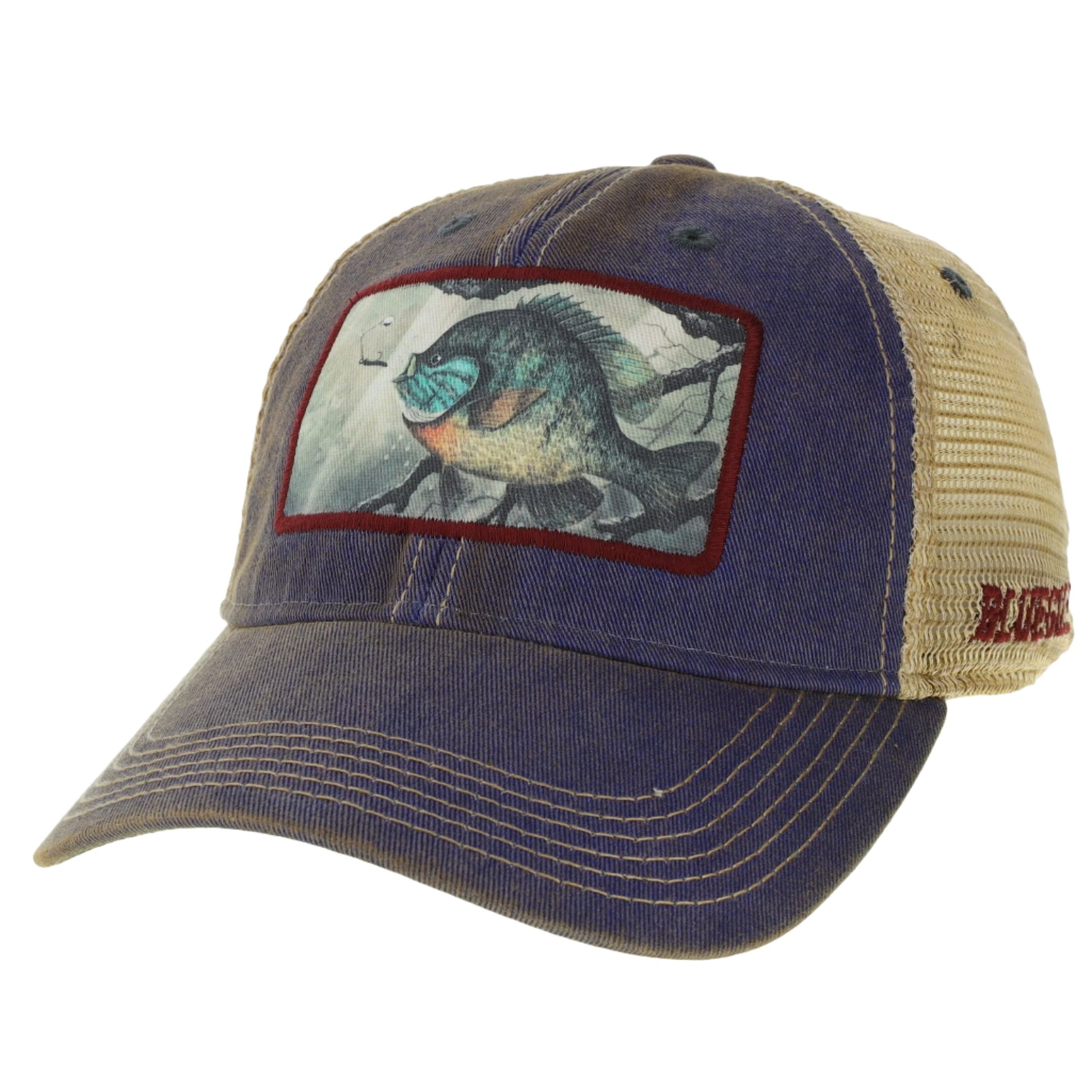 Trucker hat with a Bluegill fish illustration on the front panel