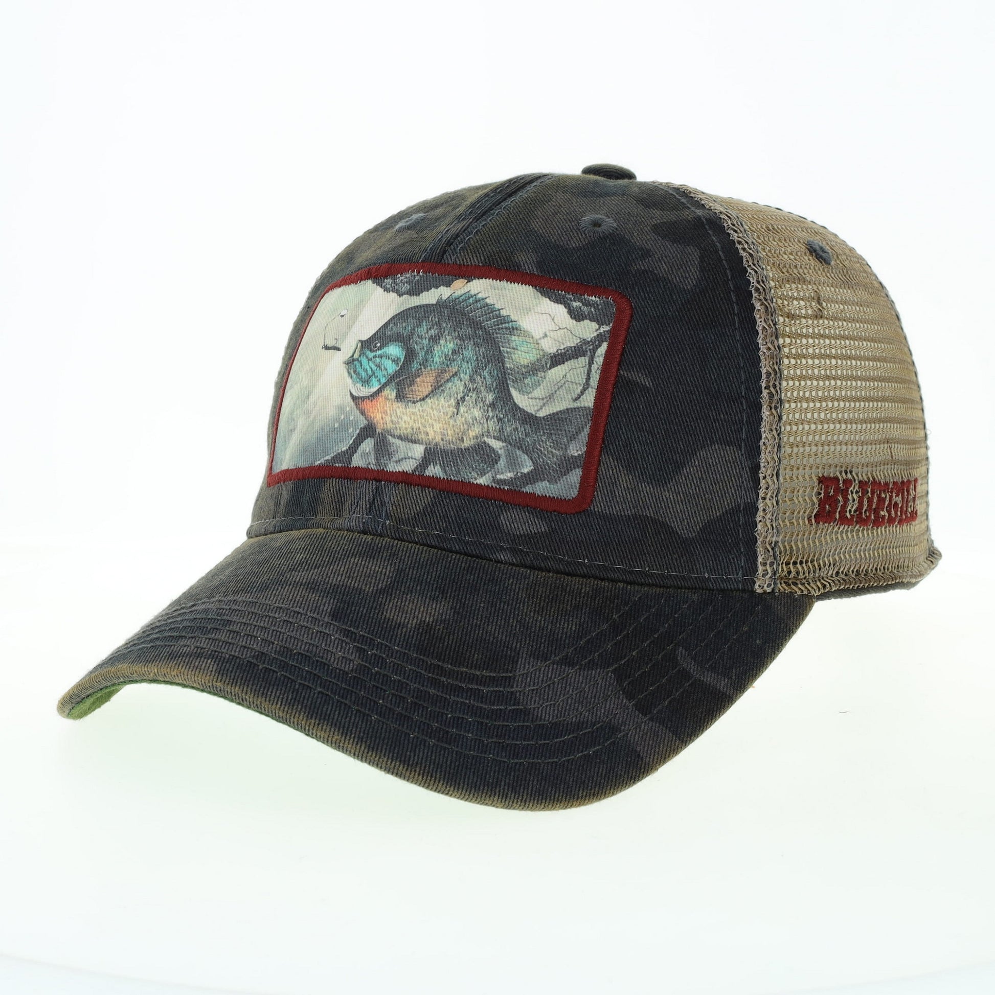 Trucker hat with a Bluegill fish illustration on the front panel
