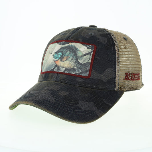 Trucker hat with a Bluegill fish illustration on the front panel