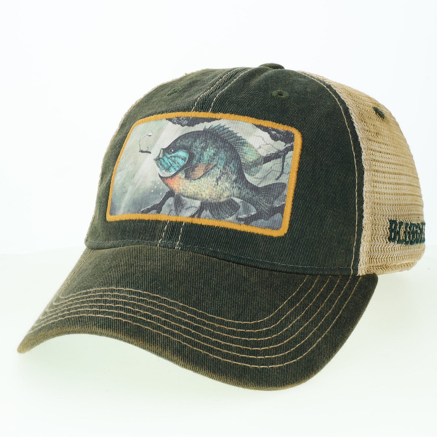 Trucker hat with a Bluegill fish illustration on the front panel