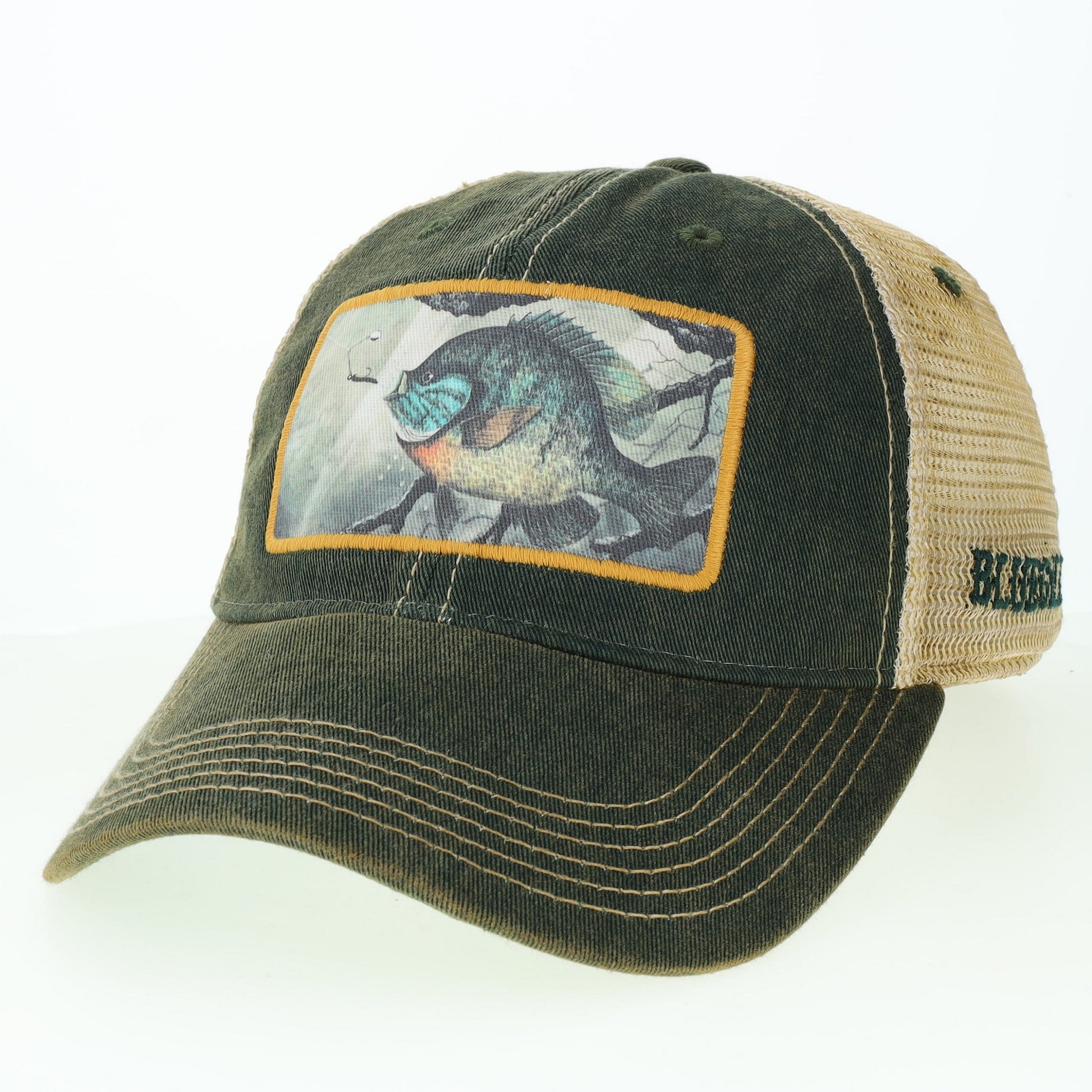 Trucker hat with a Bluegill fish illustration on the front panel
