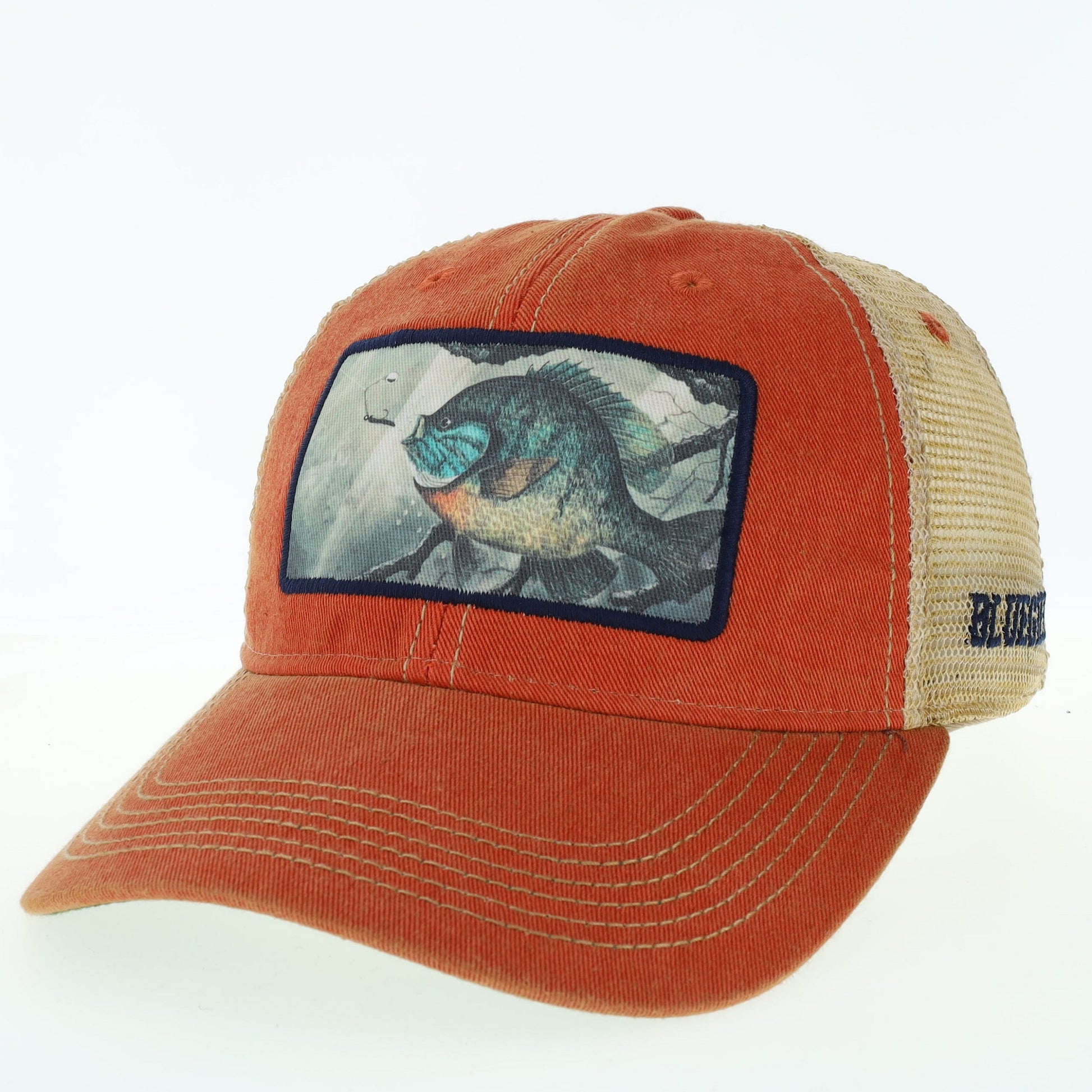 Trucker hat with a Bluegill fish illustration on the front panel