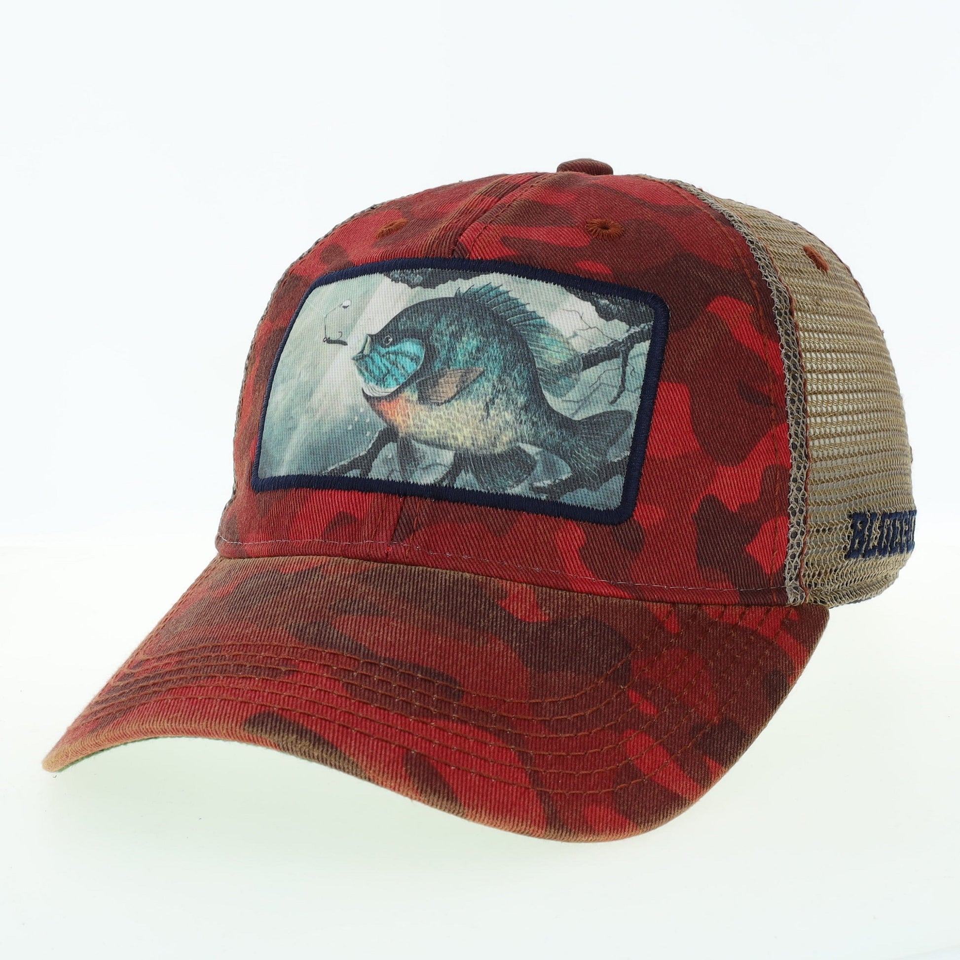 Trucker hat with a Bluegill fish illustration on the front panel