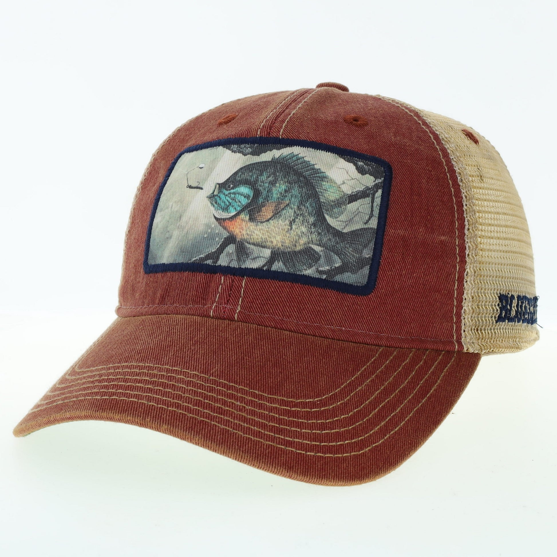 Trucker hat with a Bluegill fish illustration on the front panel