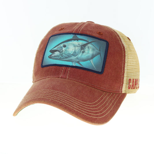 Trucker hat with a Bluefin Tuna fish illustration on the front panel