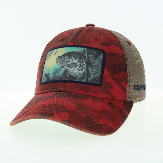 Crappie 1 – Dark Red Field Camo Trucker