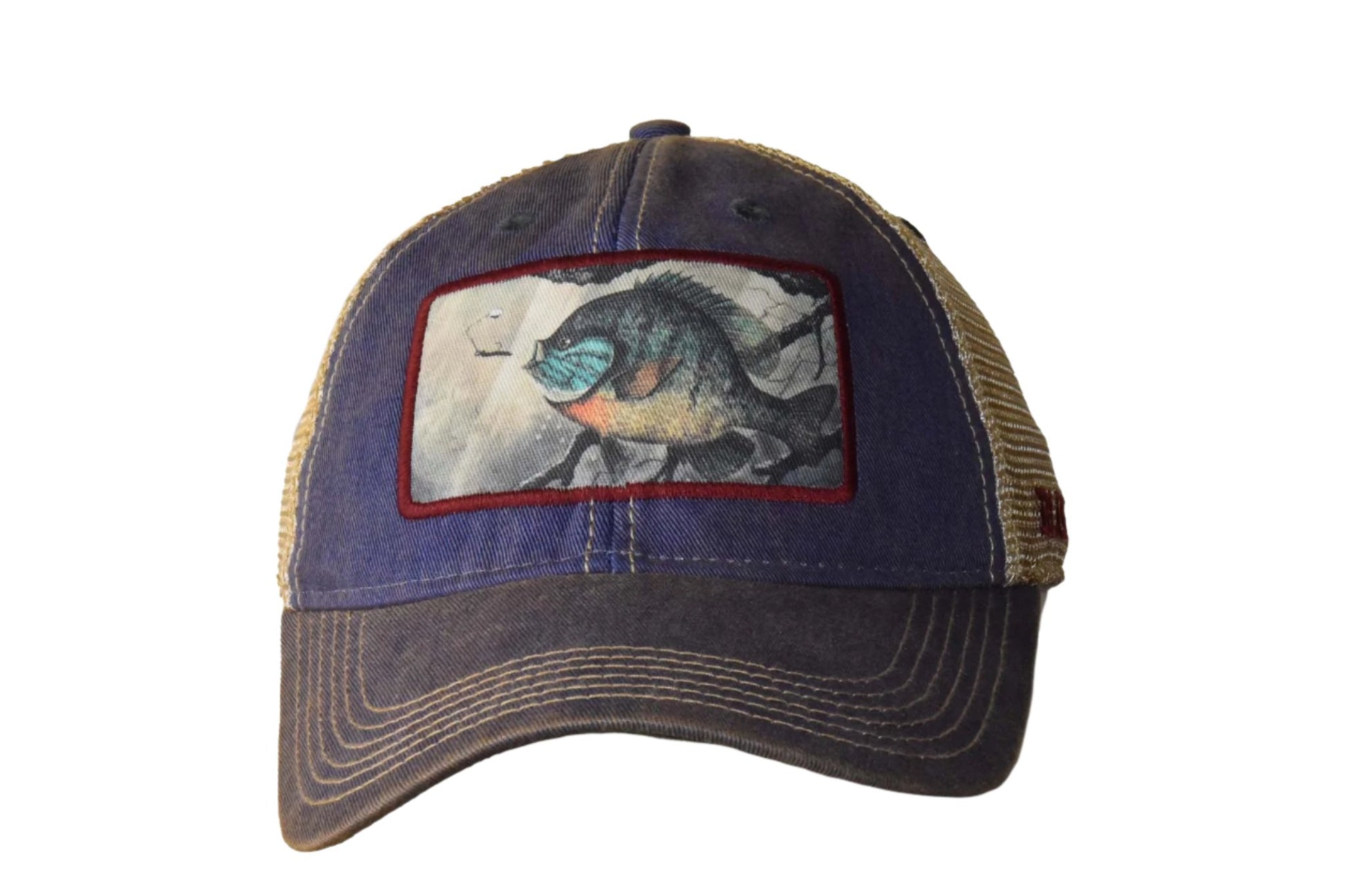 Trucker hat with a Bluegill fish illustration on the front panel