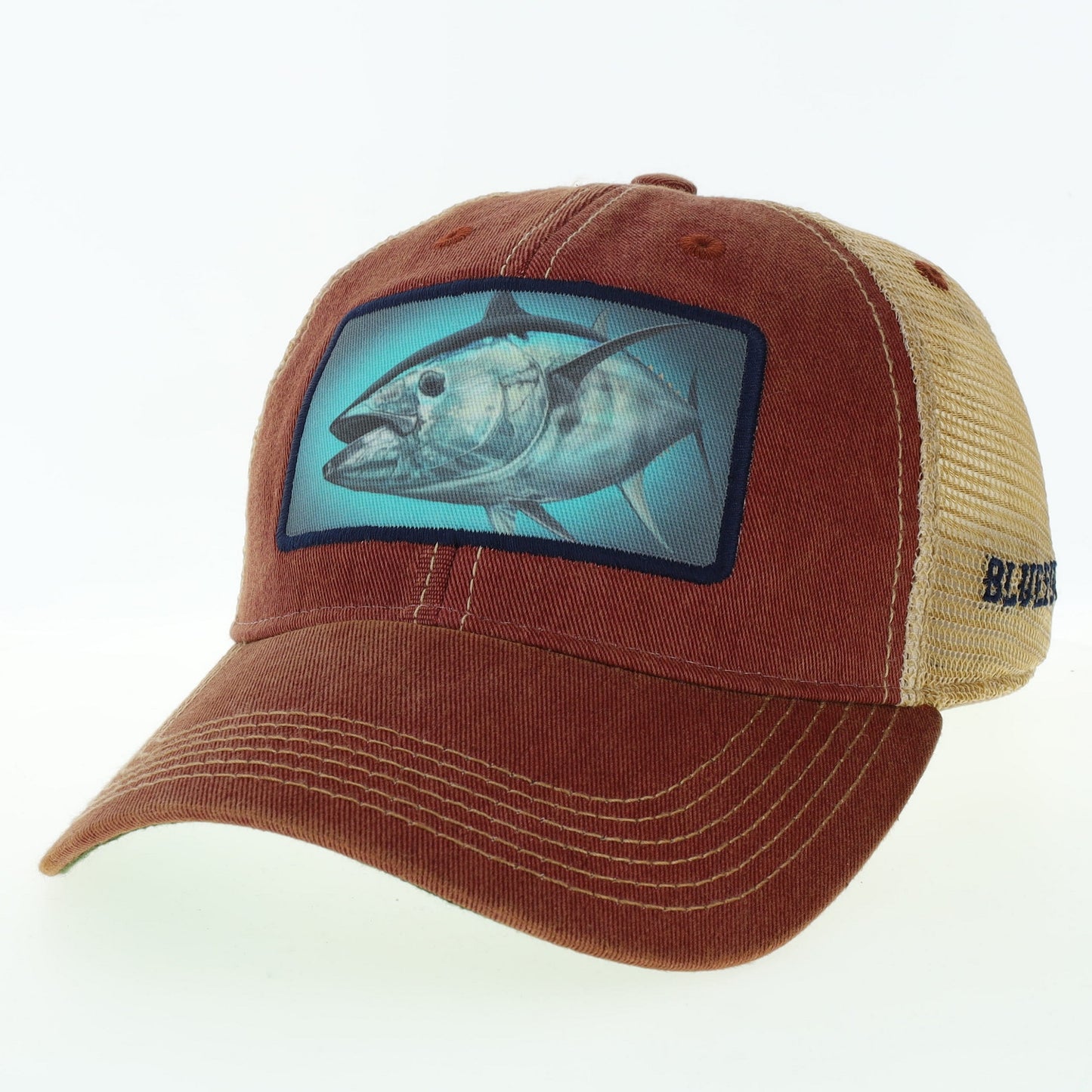 Trucker hat with a Bluefin Tuna fish illustration on the front panel