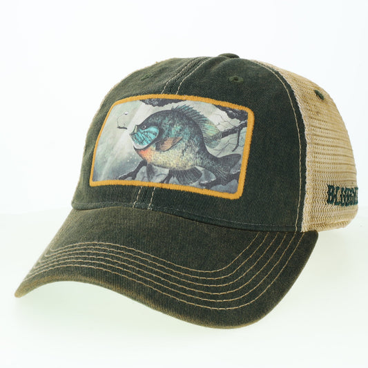 Trucker hat with a Bluegill fish illustration on the front panel