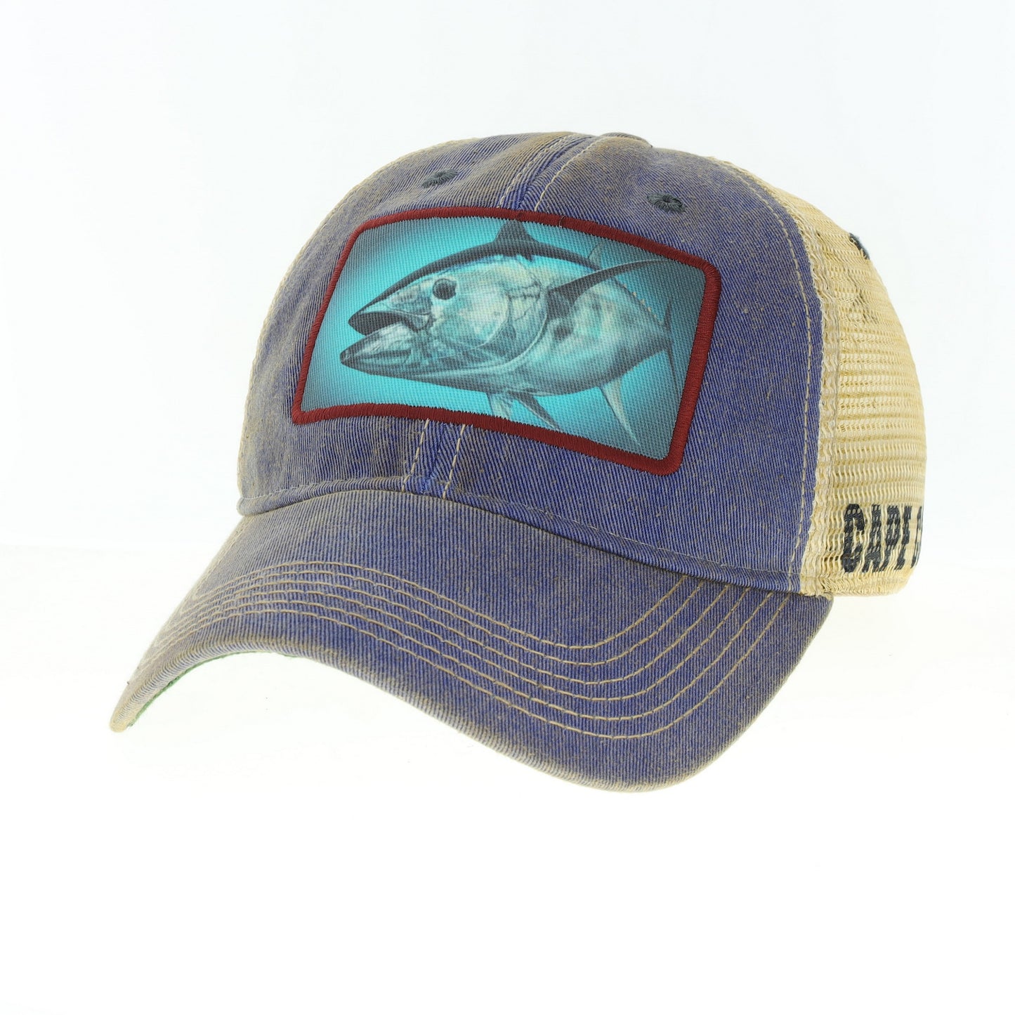 Trucker hat with a Bluefin Tuna fish illustration on the front panel